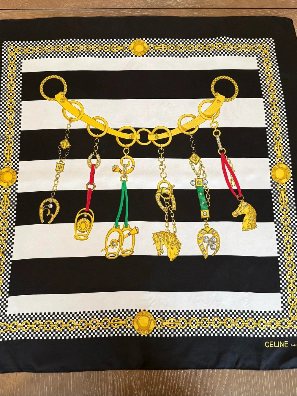Celine Silk Scarf Navy White Yellow Hand Rolled Made in France